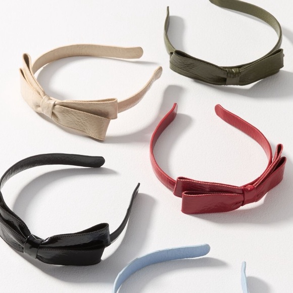 Anthropologie Violet & Brooks Faux Leather Olive Green Bow Headband - Picture 2 of 5